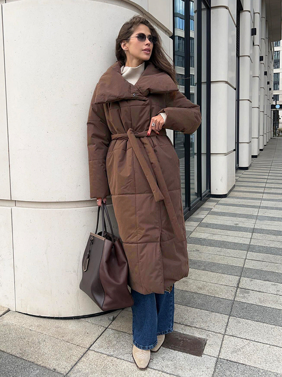 Fashion Large Lapel Long Coat Winter Warm Cotton Jacket With Pockets And Lace-up Design Casual Solid Color Thick Coat For Women Outwear Clothing - Bellarte Enchanté Fashion Large Lapel Long Coat Winter Warm Cotton Jacket With Pockets And Lace-up Design Casual Solid Color Thick Coat For Women Outwear Clothing